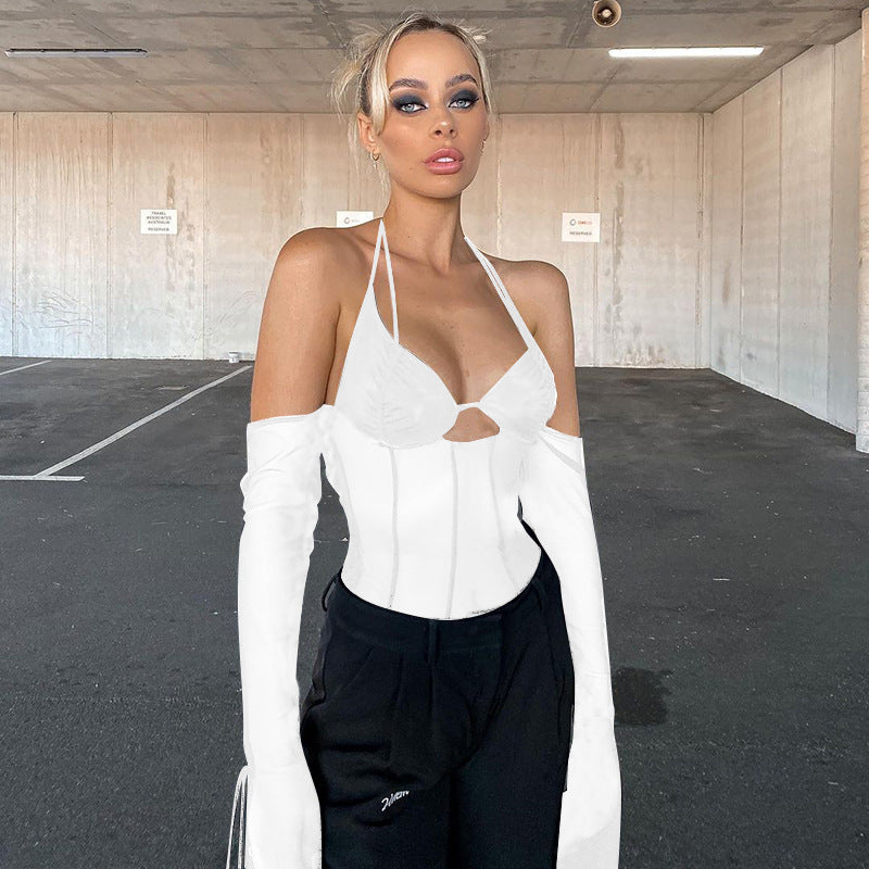 Dame Crop Top med transparent design och eleganta volangärmar Mirla-Eva Jonsson