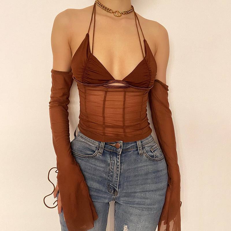 Dame Crop Top med transparent design och eleganta volangärmar Mirla-Eva Jonsson