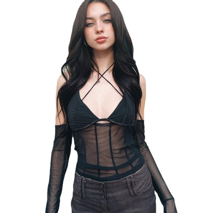 Dame Crop Top med transparent design och eleganta volangärmar Mirla-Eva Jonsson