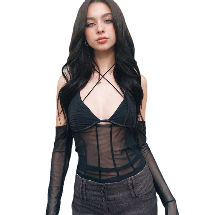 Dame Crop Top med transparent design och eleganta volangärmar Mirla-Eva Jonsson