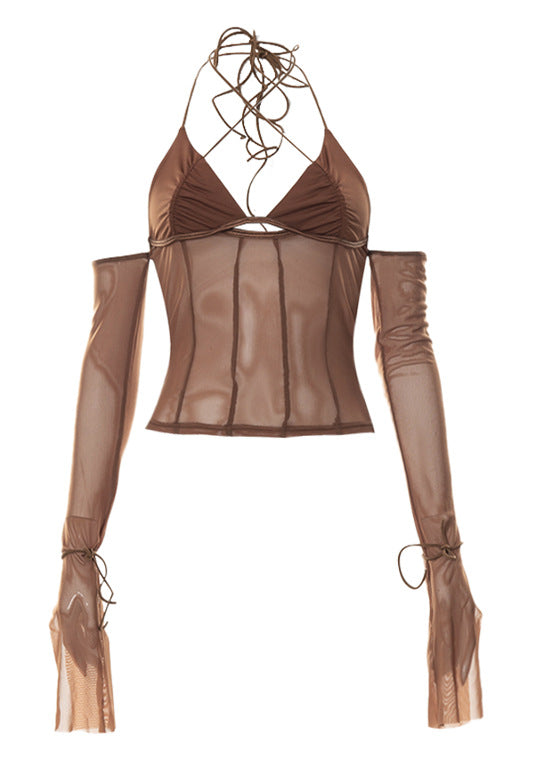 Dame Crop Top med transparent design och eleganta volangärmar Mirla-Eva Jonsson