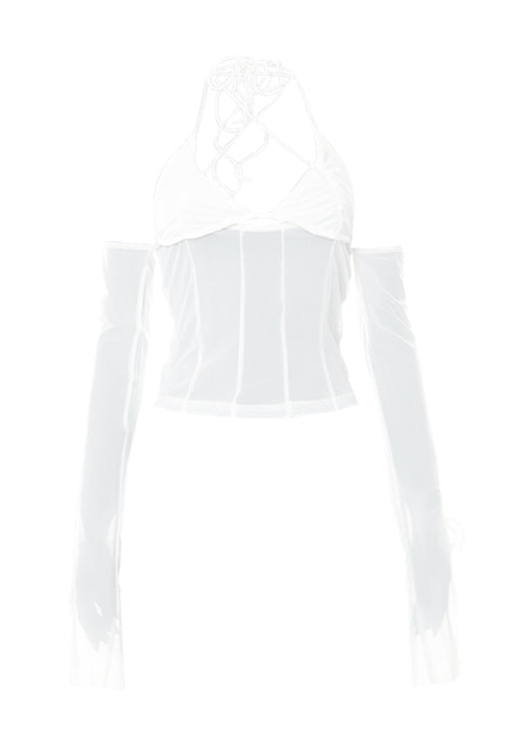Dame Crop Top med transparent design och eleganta volangärmar Mirla-Eva Jonsson