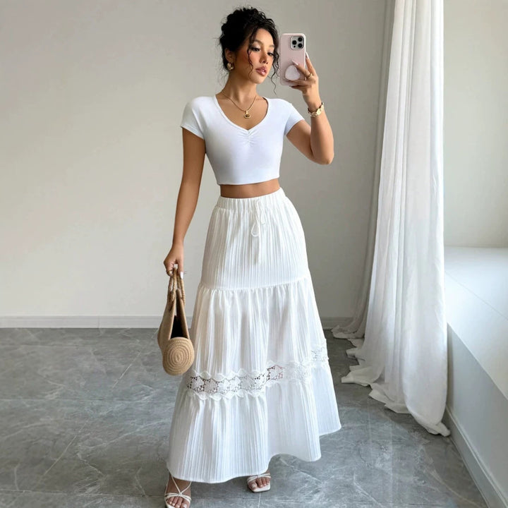 Dame Crop Top och Maxi Kjol Set med Volangdetaljer Mirla-Eva Jonsson