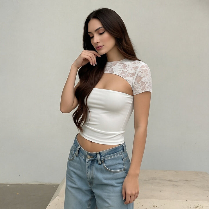 Dame Crop-top med spetsärmar och figurnära snitt Mirla-Eva Jonsson