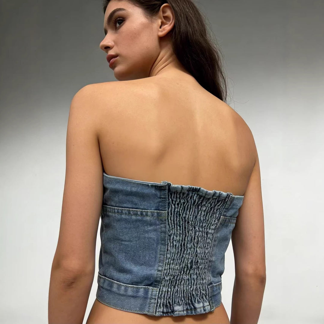 Dame Denim Bustier-top med knappdetaljer och figursydd skärning Mirla-Eva Jonsson