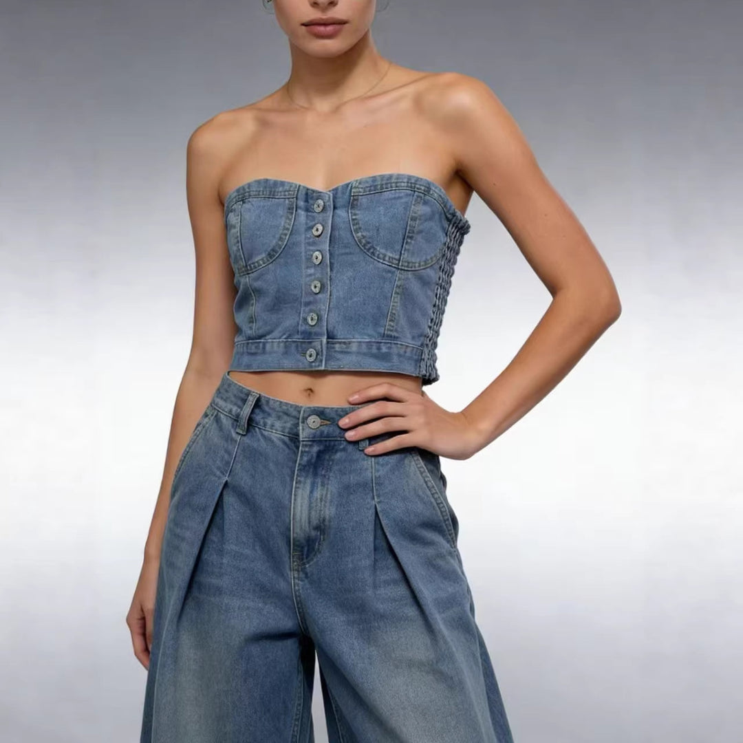 Dame Denim Bustier-top med knappdetaljer och figursydd skärning Mirla-Eva Jonsson