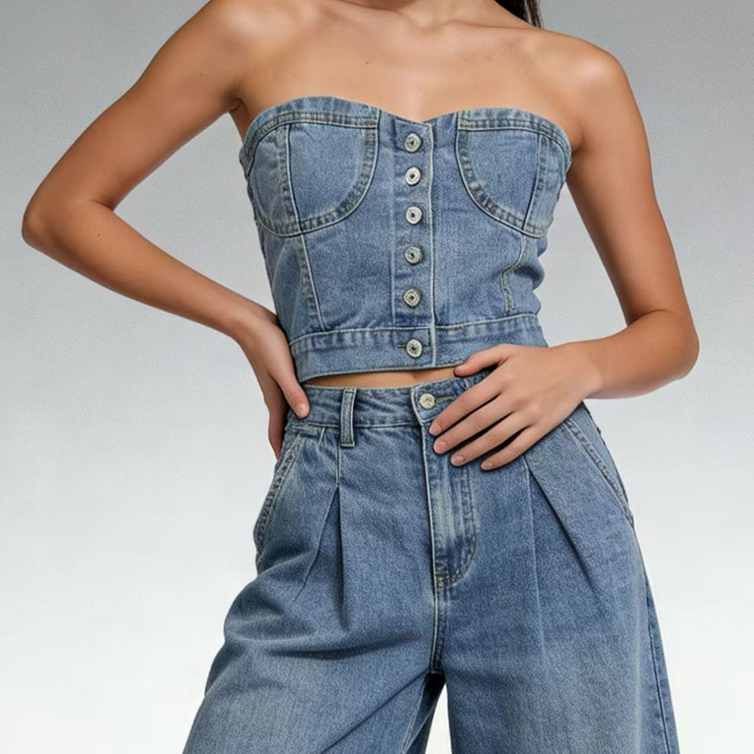 Dame Denim Bustier-top med knappdetaljer och figursydd skärning Mirla-Eva Jonsson
