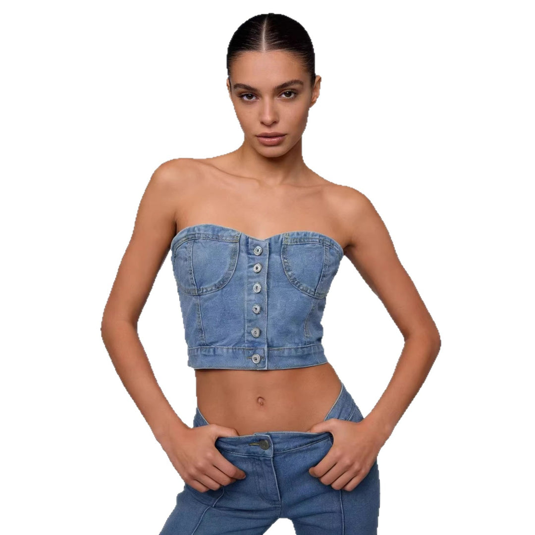 Dame Denim Bustier-top med knappdetaljer och figursydd skärning Mirla-Eva Jonsson