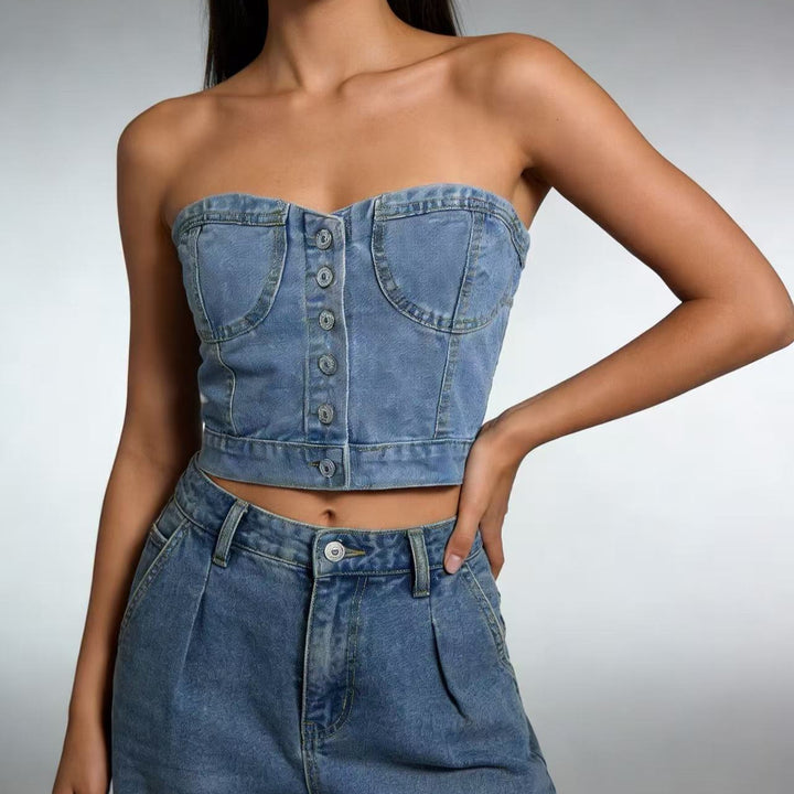 Dame Denim Bustier-top med knappdetaljer och figursydd skärning Mirla-Eva Jonsson