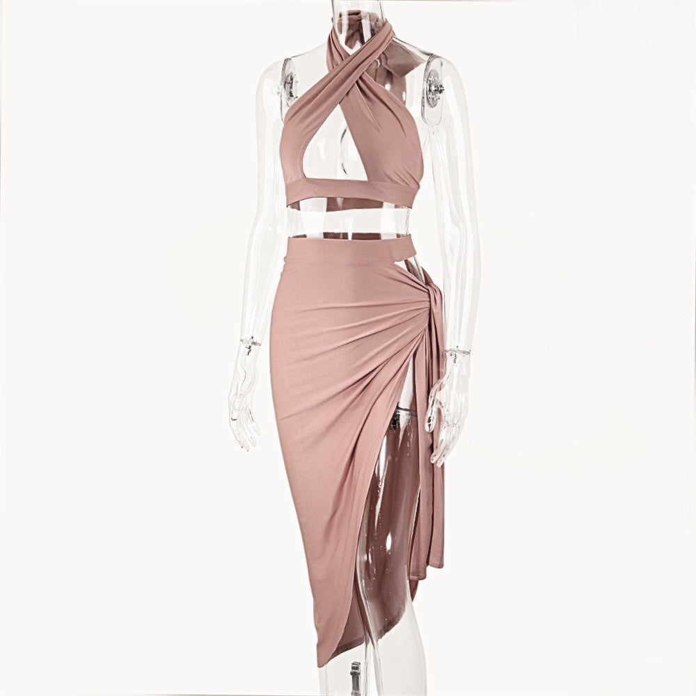 Dame Elegant Cut-Out Klänning med Wrap-look och djup U-ringning Mirla-Eva Jonsson