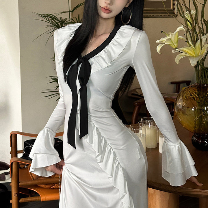 Dame Elegant Maxiklänning med Rufsdetaljer och elegant Bindband Mirla-Eva Jonsson