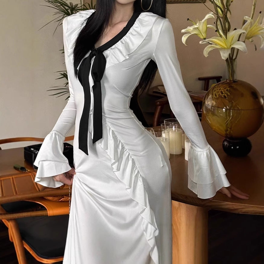 Dame Elegant Maxiklänning med Rufsdetaljer och elegant Bindband Mirla-Eva Jonsson