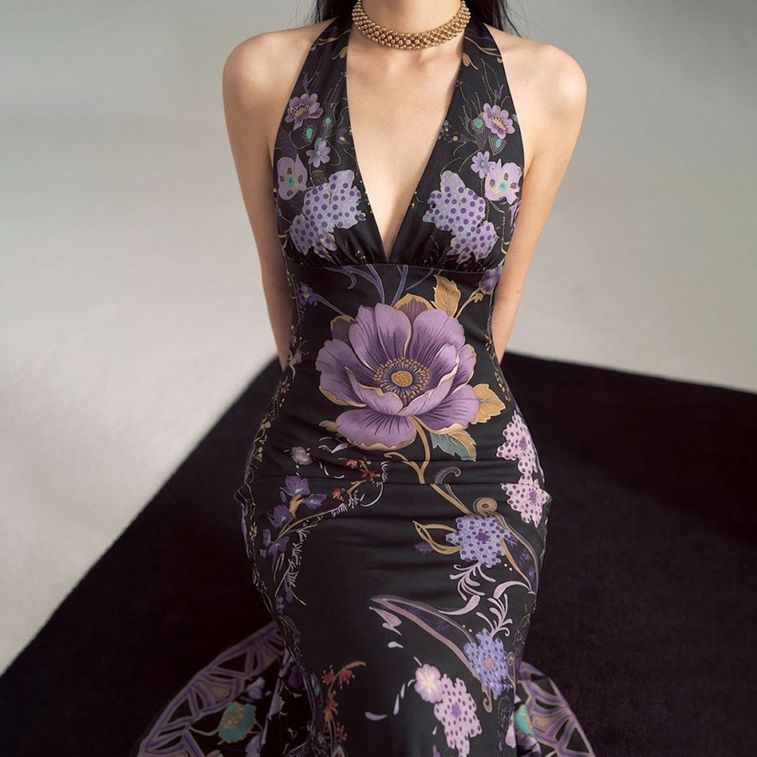 Dame Elegant Maxiklänning med blommönster och djup V-ringning Mirla-Eva Jonsson
