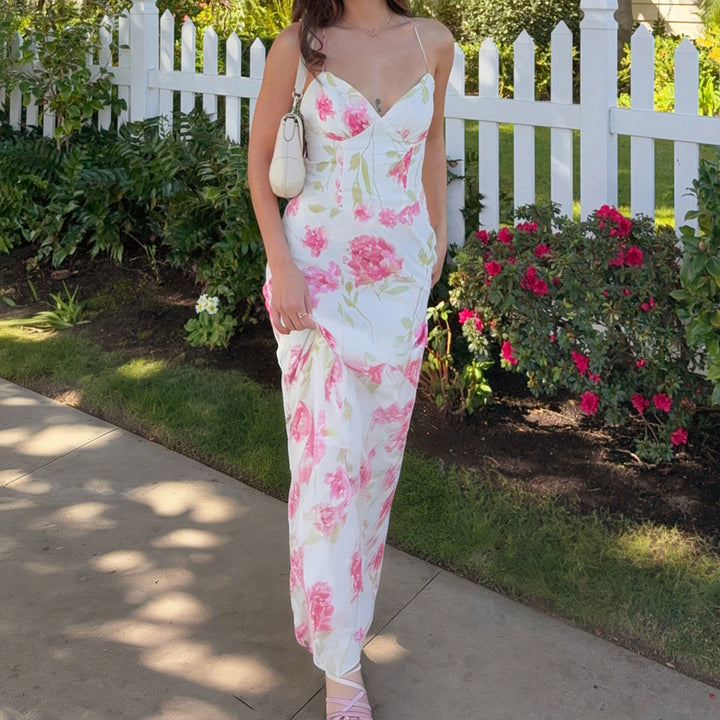 Dame Elegant Maxikleid mit Blumenmuster und Spaghettiträger Mirla-Eva Jonsson