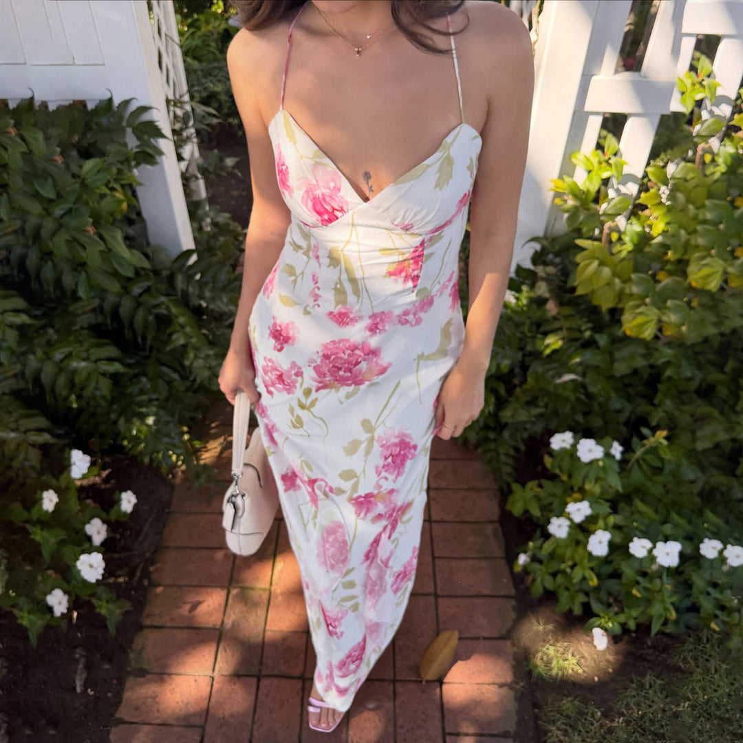 Dame Elegant Maxikleid mit Blumenmuster und Spaghettiträger Mirla-Eva Jonsson