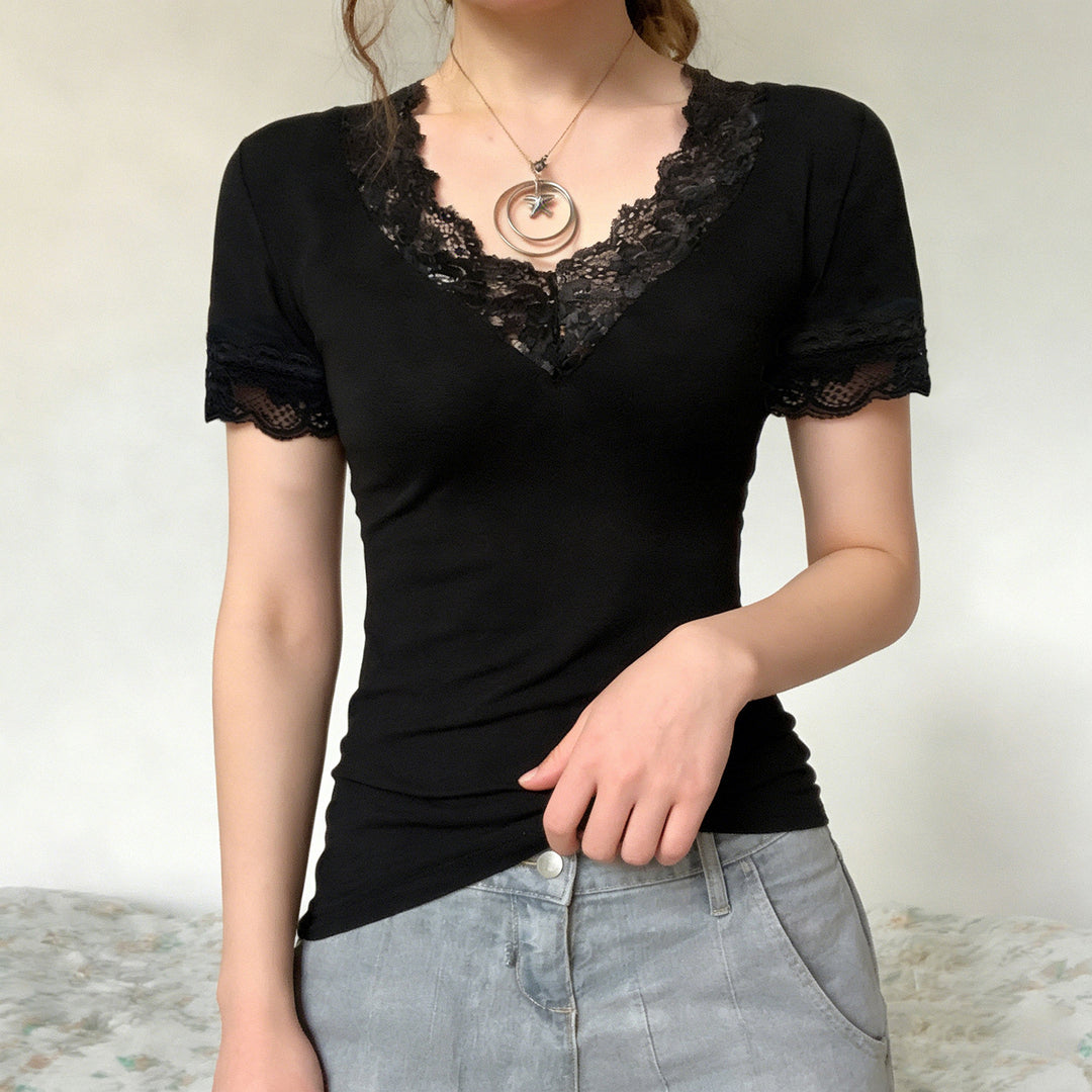 Dame Elegant Spets T-shirt med V-ringning och Kort ärm Mirla-Eva Jonsson