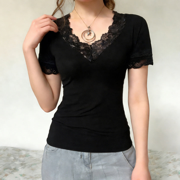 Dame Elegant Spets T-shirt med V-ringning och Kort ärm Mirla-Eva Jonsson