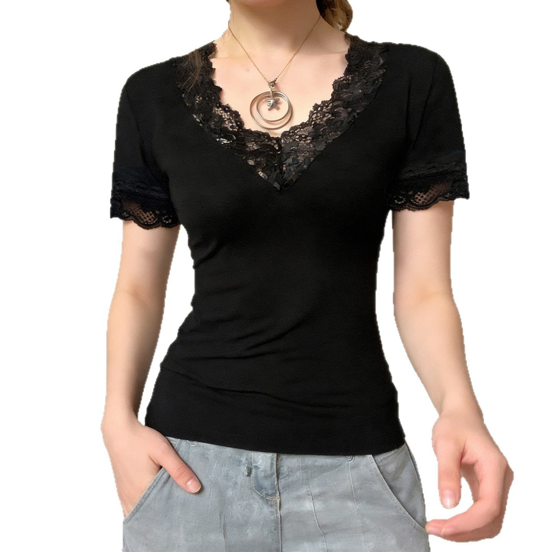 Dame Elegant Spets T-shirt med V-ringning och Kort ärm Mirla-Eva Jonsson
