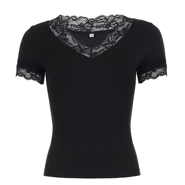 Dame Elegant Spets T-shirt med V-ringning och Kort ärm Mirla-Eva Jonsson