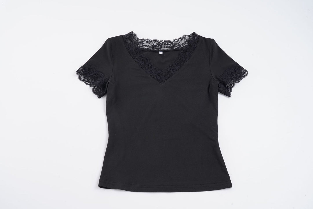 Dame Elegant Spets T-shirt med V-ringning och Kort ärm Mirla-Eva Jonsson