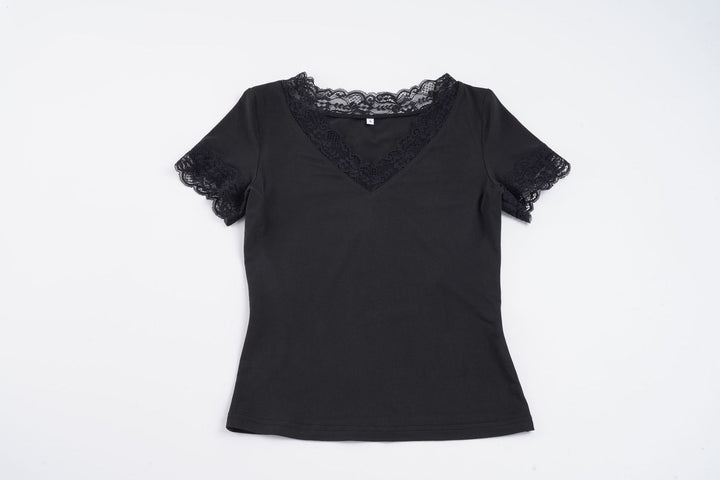 Dame Elegant Spets T-shirt med V-ringning och Kort ärm Mirla-Eva Jonsson