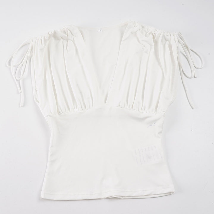 Dame Elegant Vingbluse med Volangdetaljer og Dyp V-Uringning Mirla-Eva Jonsson
