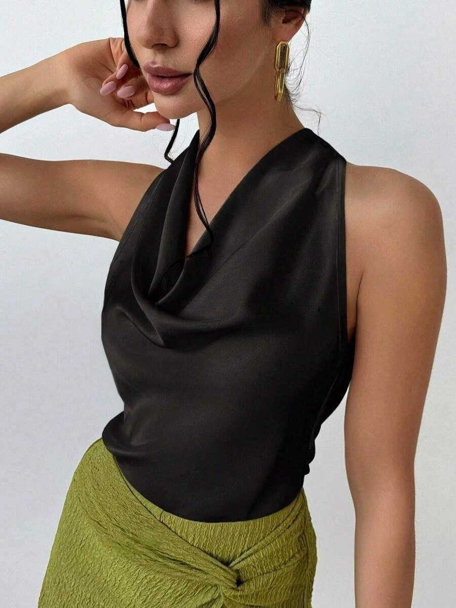 Dame Elegant satin top with chic waterfall neckline Mirla-Eva Jonsson
