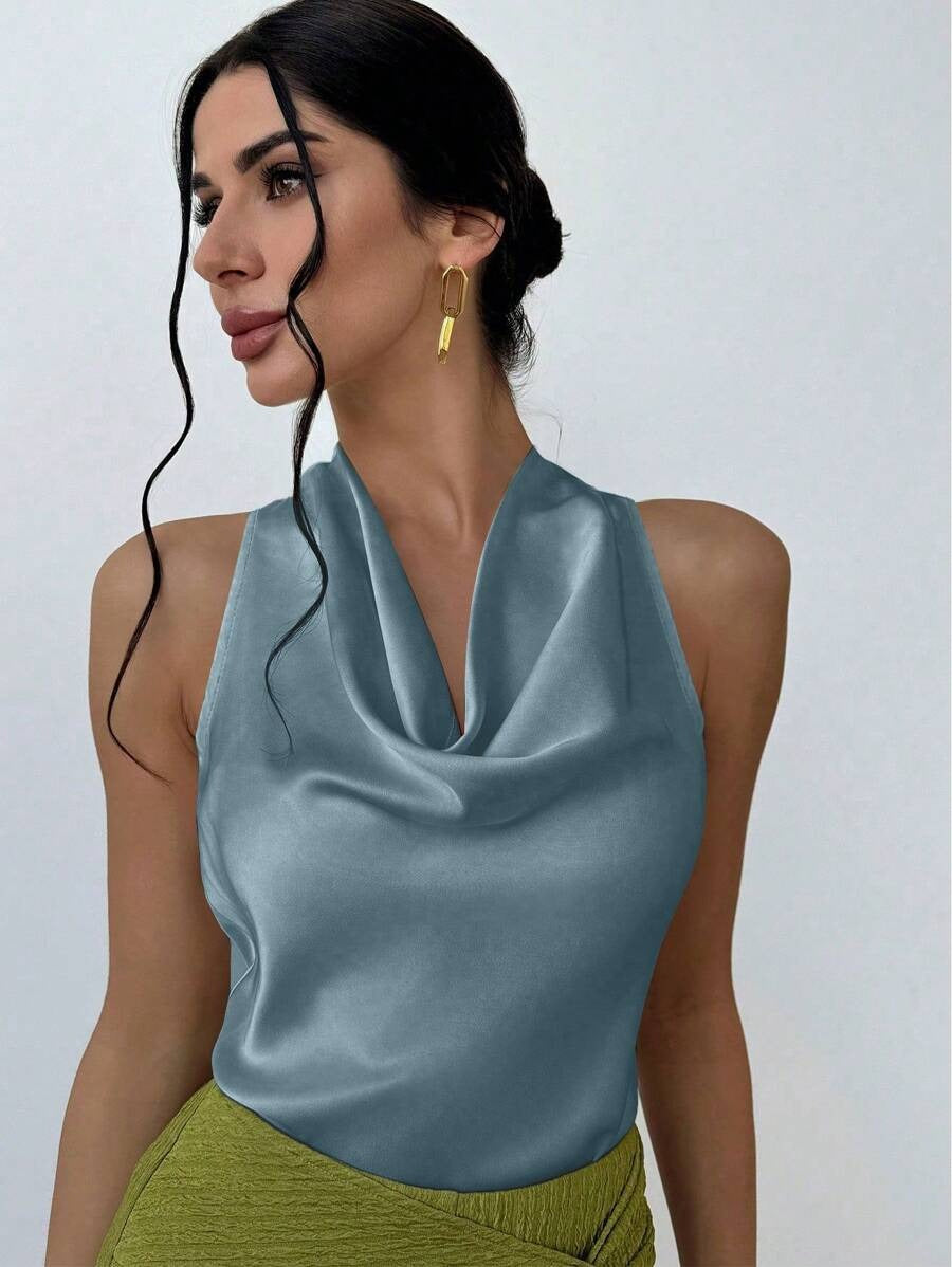 Dame Elegant satin top with chic waterfall neckline Mirla-Eva Jonsson
