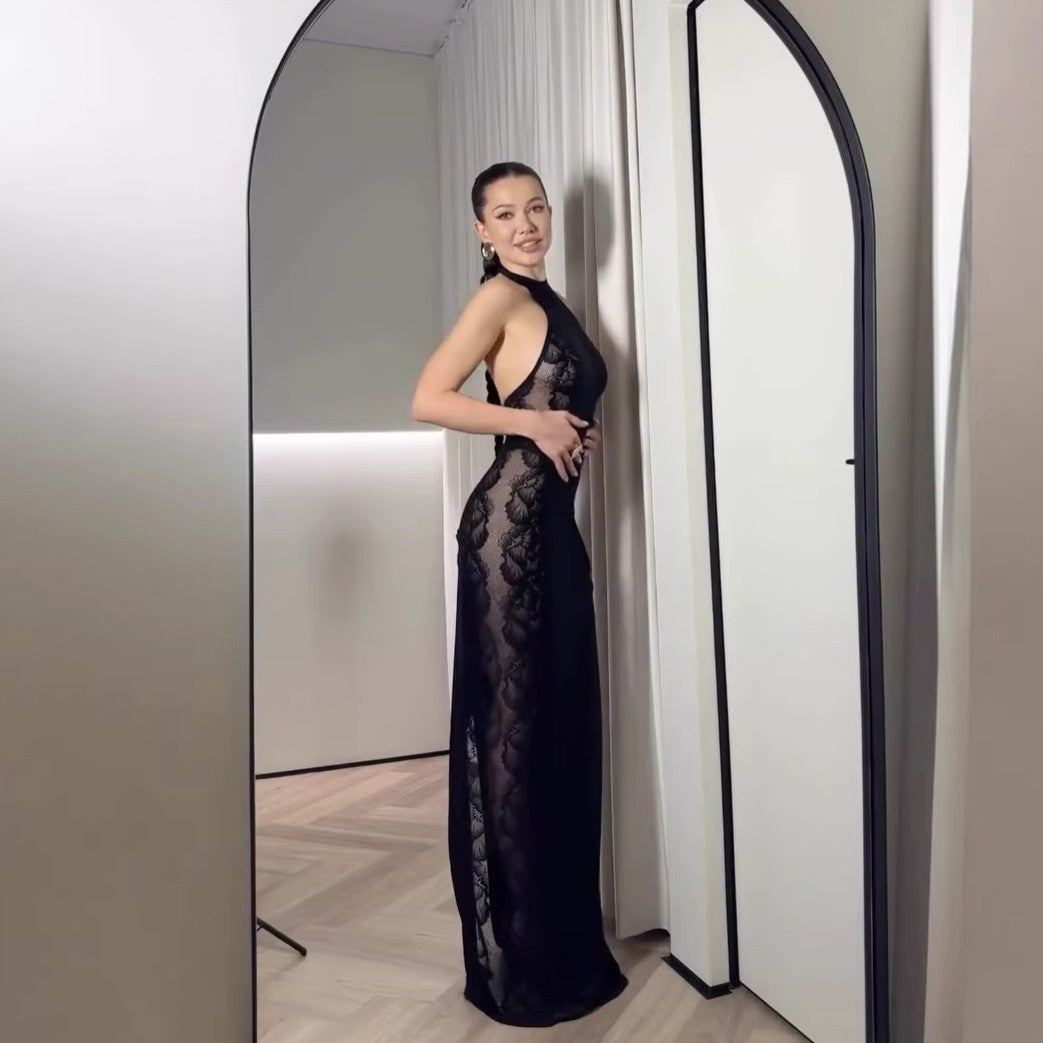 Dame Elegant spetskjole med høj krave og sideslids Mirla-Eva Jonsson