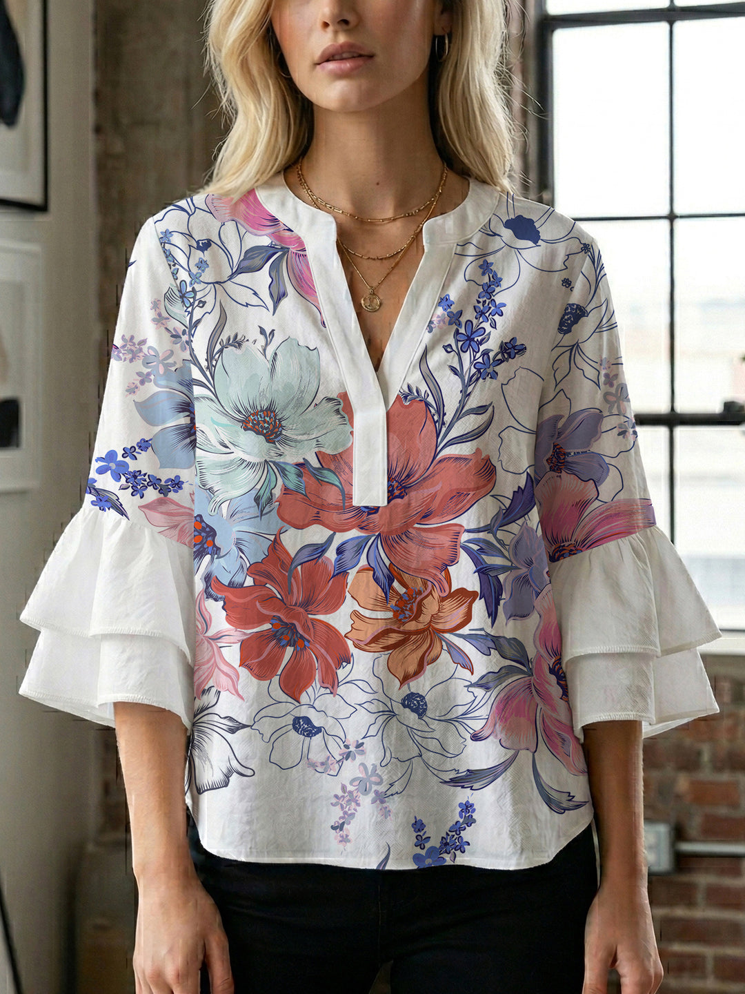 Dame Elegant topp med voluminösa puffärmar och blommönster Mirla-Eva Jonsson