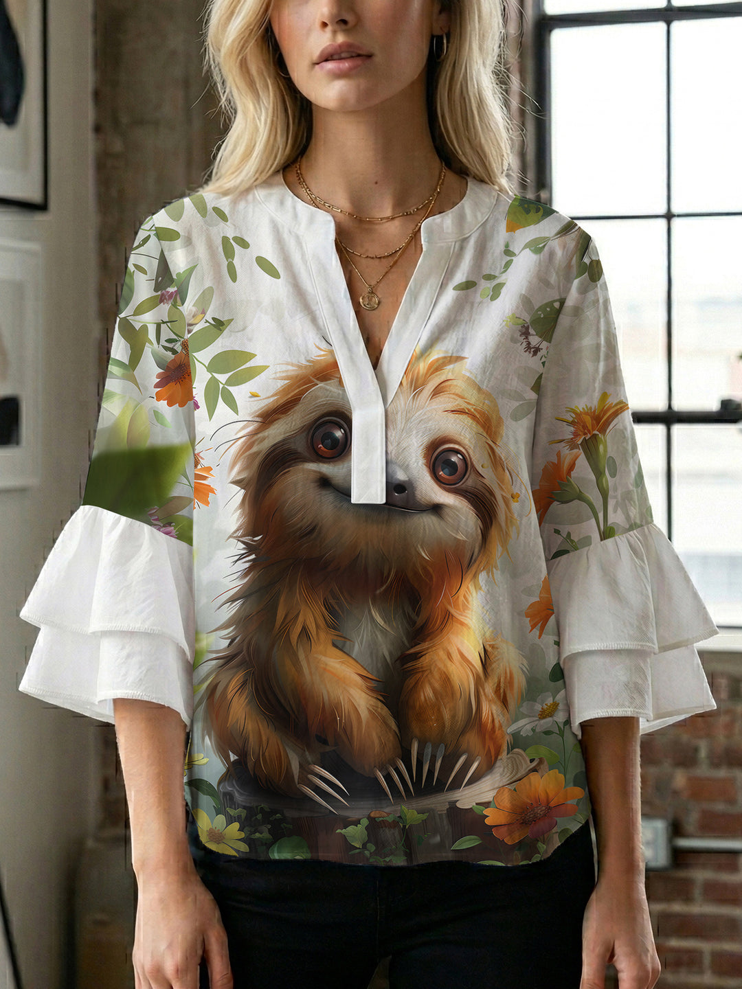 Dame Elegant topp med voluminösa puffärmar och blommönster Mirla-Eva Jonsson