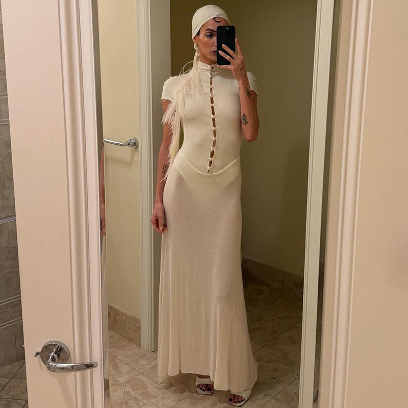 Dame Eleganta Maxiklänning med kort knapprad och transparent tyg Mirla-Eva Jonsson