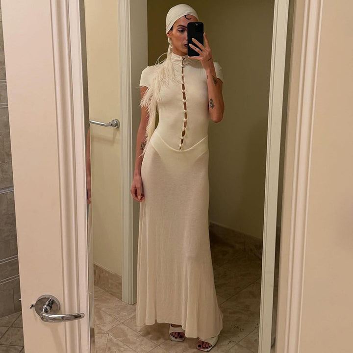 Dame Eleganta Maxiklänning med kort knapprad och transparent tyg Mirla-Eva Jonsson