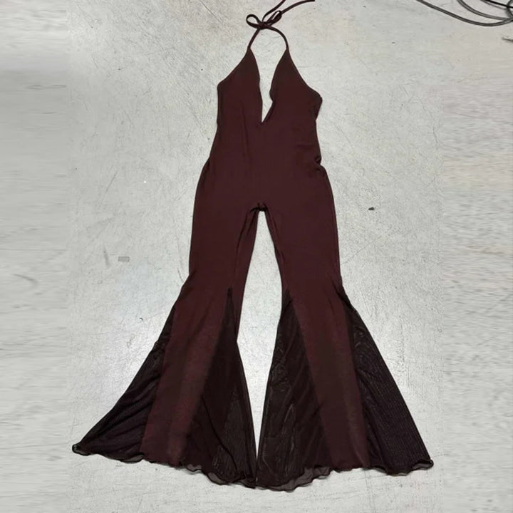 Dame Flared Jumpsuit med djup V-ringning och transparenta ruffles Mirla-Eva Jonsson