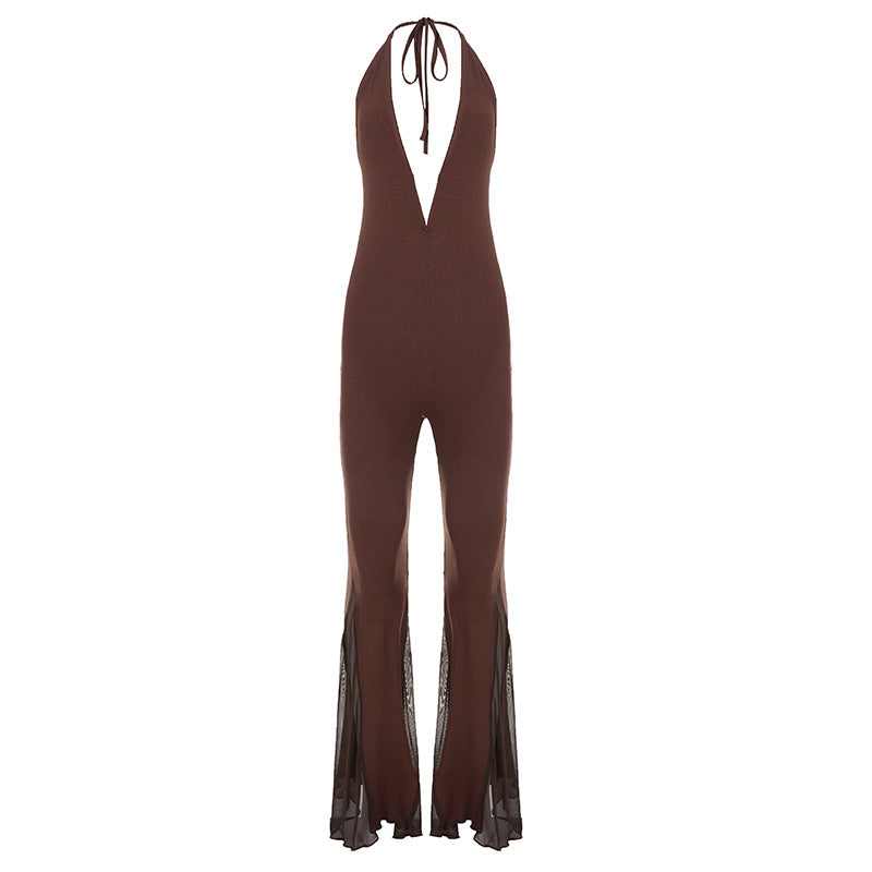 Dame Flared Jumpsuit med djup V-ringning och transparenta ruffles Mirla-Eva Jonsson