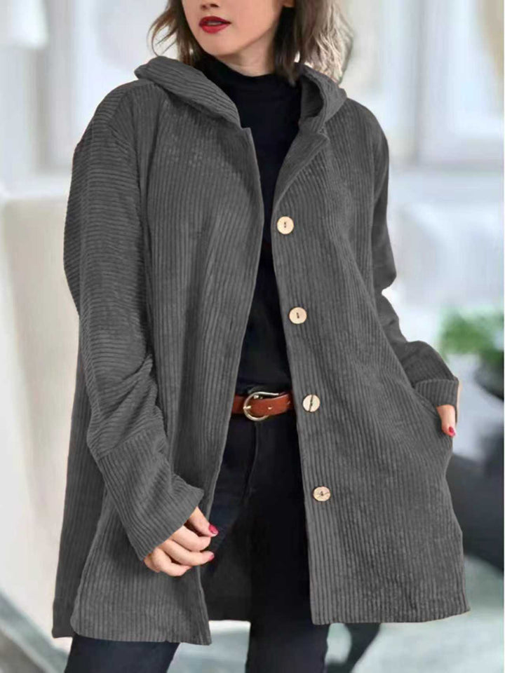 Dame Fleece-Hoodie-Kappa med knapplist och ribbat mönster Mirla-Eva Jonsson