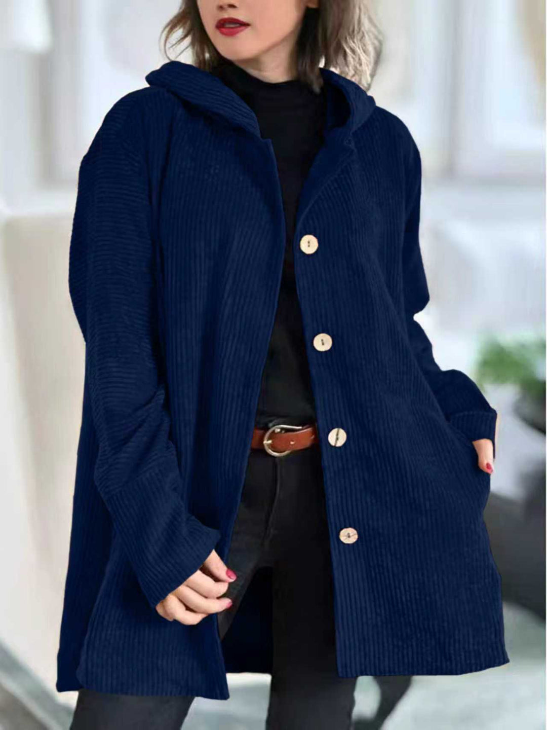 Dame Fleece-Hoodie-Kappa med knapplist och ribbat mönster Mirla-Eva Jonsson