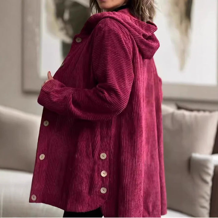 Dame Fleece-Hoodie-Kappa med knapplist och ribbat mönster Mirla-Eva Jonsson