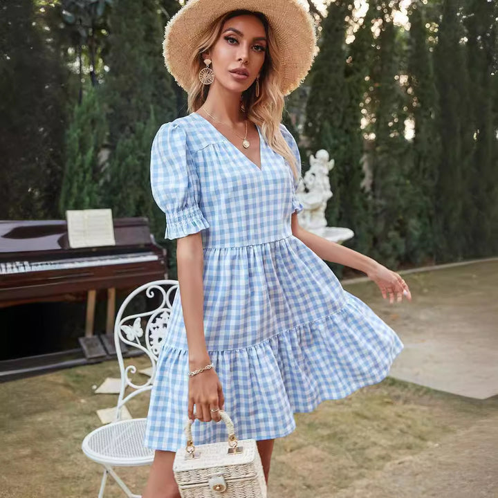 Dame Gingham-klänning med volanger och puffärmar Mirla-Eva Jonsson