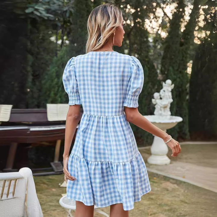 Dame Gingham-klänning med volanger och puffärmar Mirla-Eva Jonsson