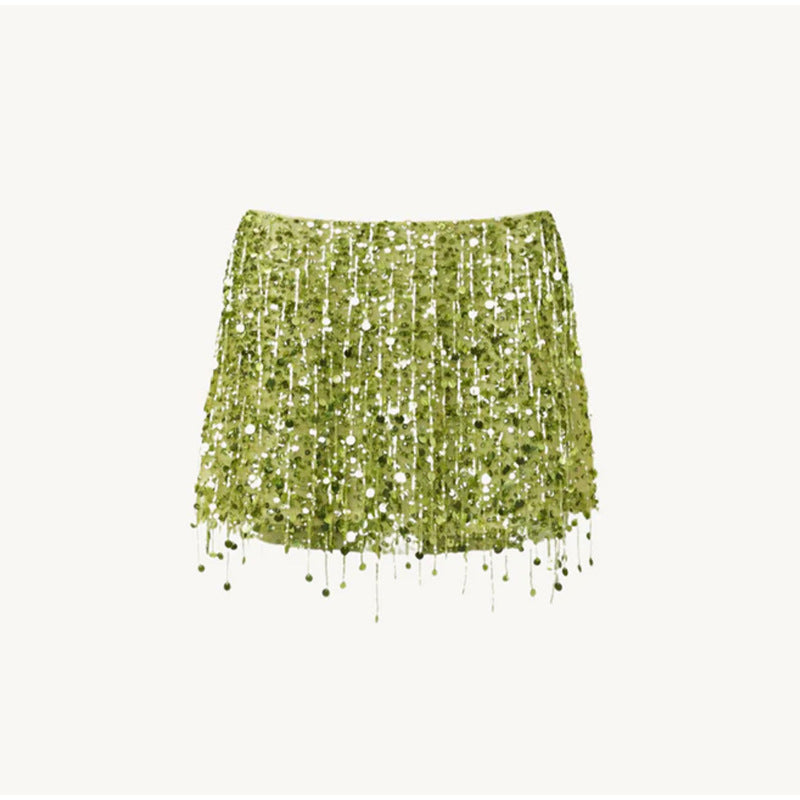Dame Glittrande Crop-Topp och Minikjol-Set med Fransar Mirla-Eva Jonsson