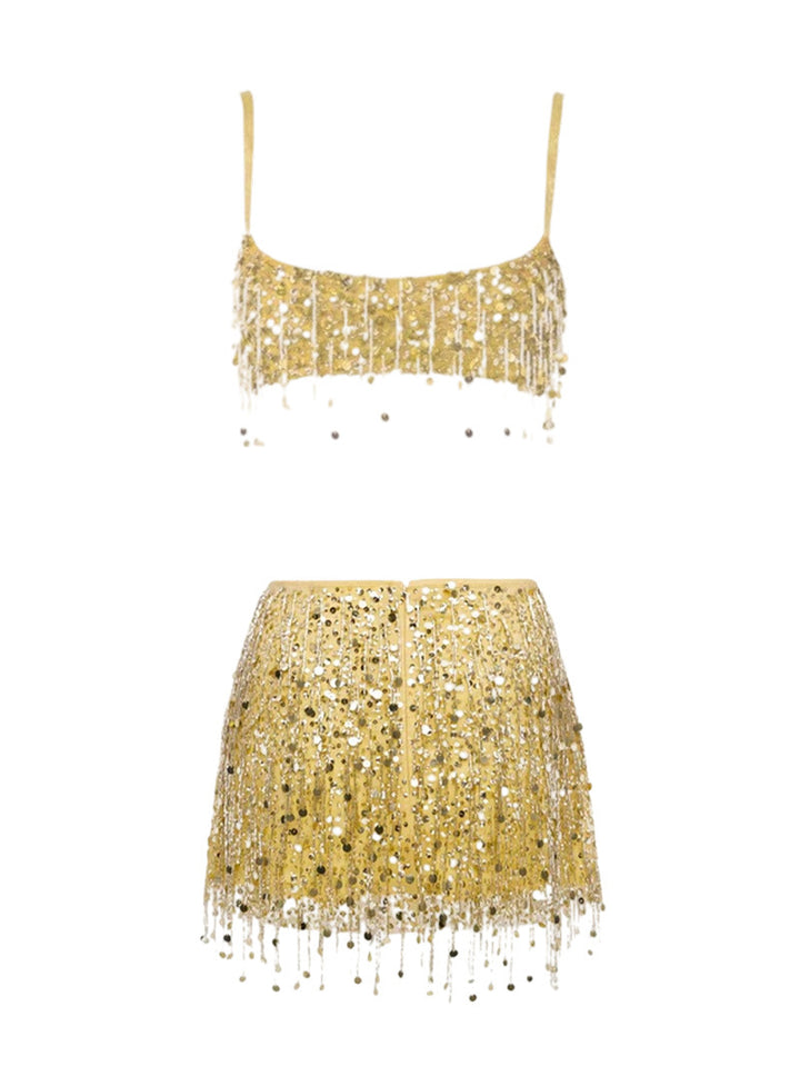 Dame Glittrande Crop-Topp och Minikjol-Set med Fransar Mirla-Eva Jonsson