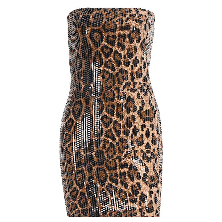 Dame Glittrande Miniklänning med Leopardsmönster och Spaghettiärmar Mirla-Eva Jonsson