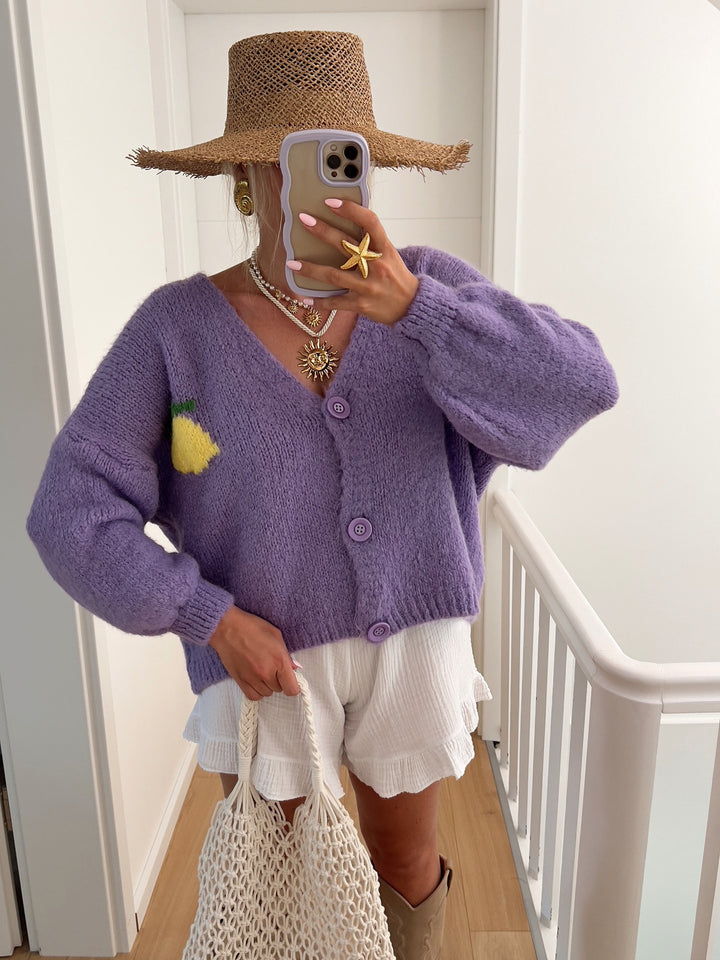 Dame Grovstick Cardigan med glatt motiv Eva Jonsson-Eva Jonsson