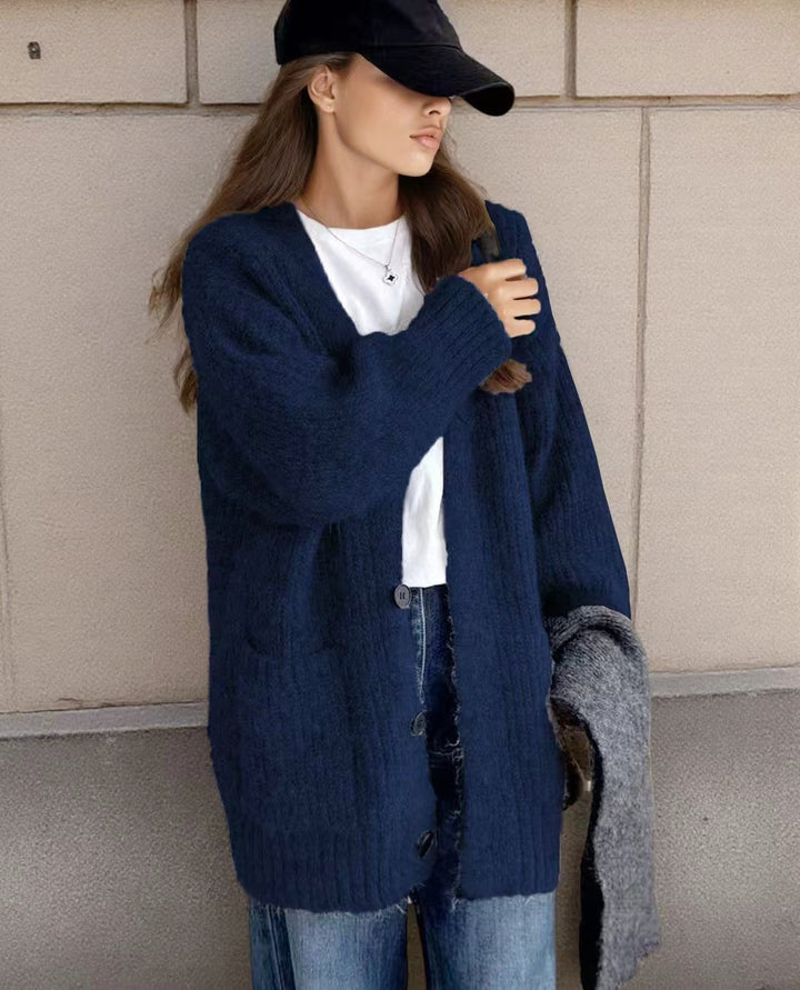 Dame Grovstickad Cardigan med unika strukturmönster och praktiska fickor Eva Jonsson-Eva Jonsson