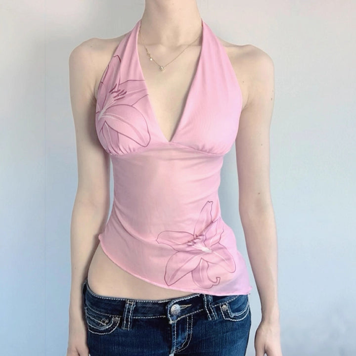 Dame Halter Top med blommigt mönster och asymmetrisk skärning Mirla-Eva Jonsson