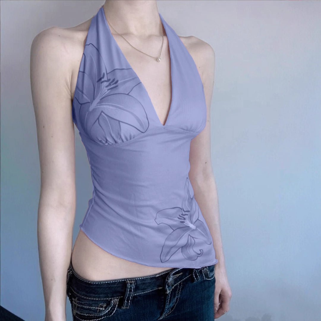 Dame Halter Top med blommigt mönster och asymmetrisk skärning Mirla-Eva Jonsson
