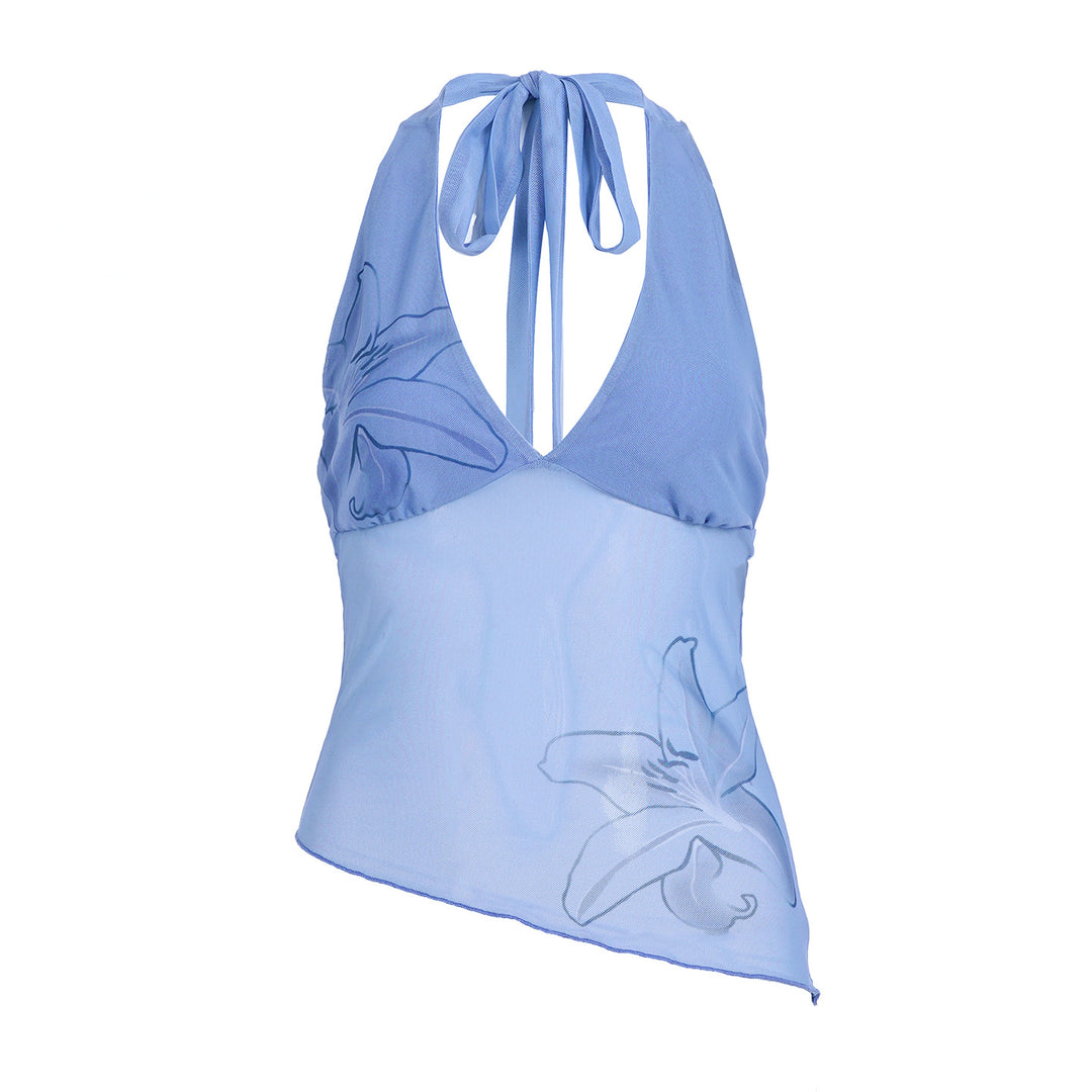 Dame Halter Top med blommigt mönster och asymmetrisk skärning Mirla-Eva Jonsson