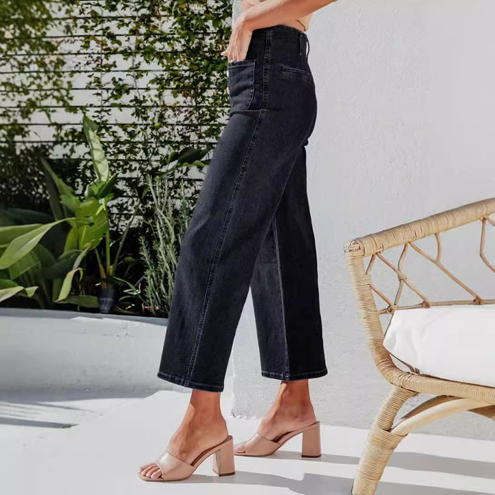 Dame High-Waist Jeans med knapppdetail och breda ben Mirla-Eva Jonsson