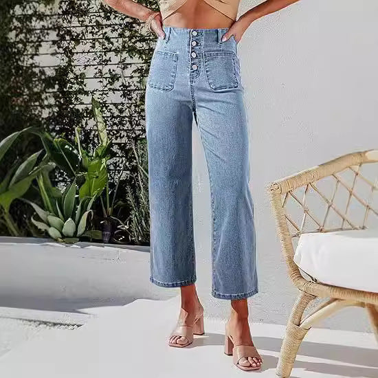 Dame High-Waist Jeans med knapppdetail och breda ben Mirla-Eva Jonsson